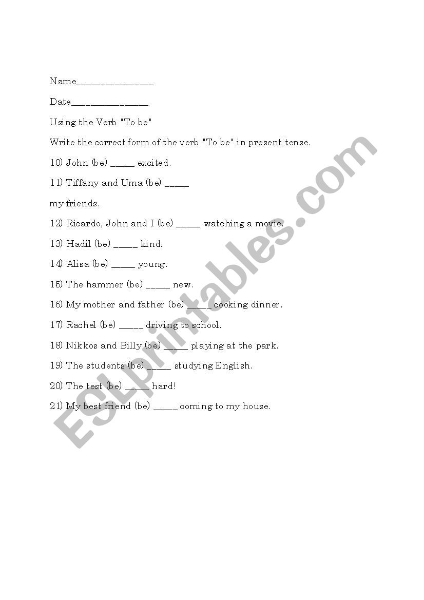 Verb to be in present tense worksheet