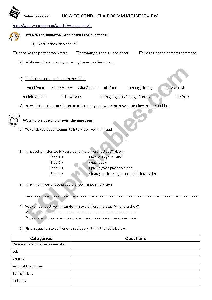 video rommate interview worksheet