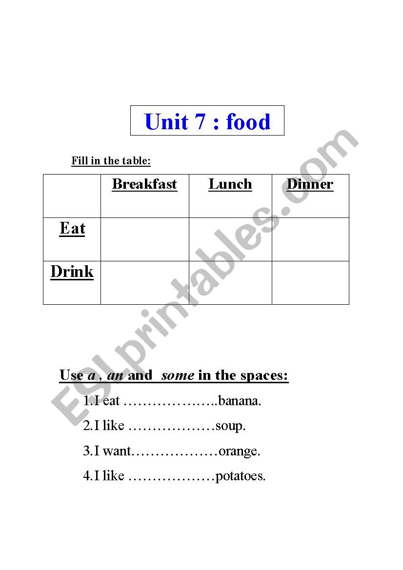 food worksheet
