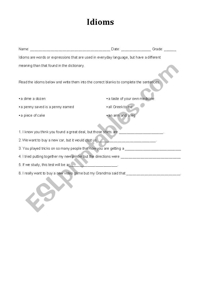 Idioms worksheet