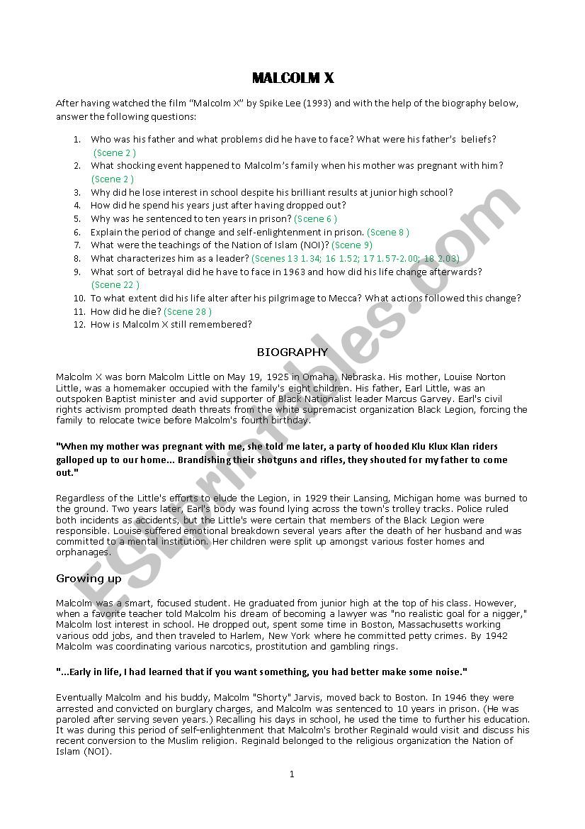 Malcom X worksheet