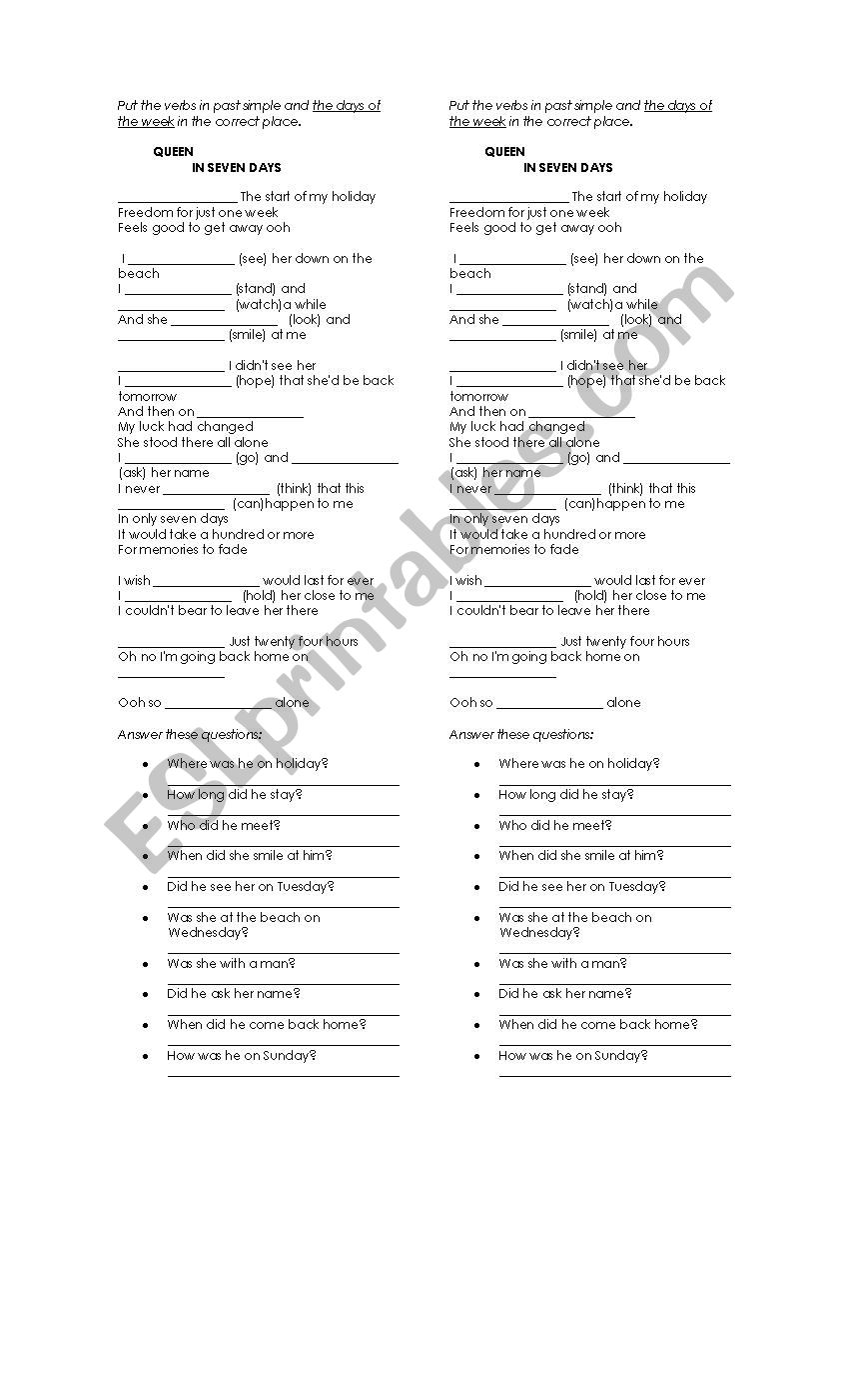 IN SEVEN DAYS worksheet