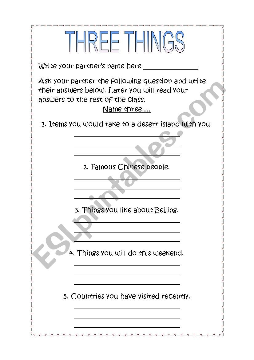 Three things Ice breaker worksheet