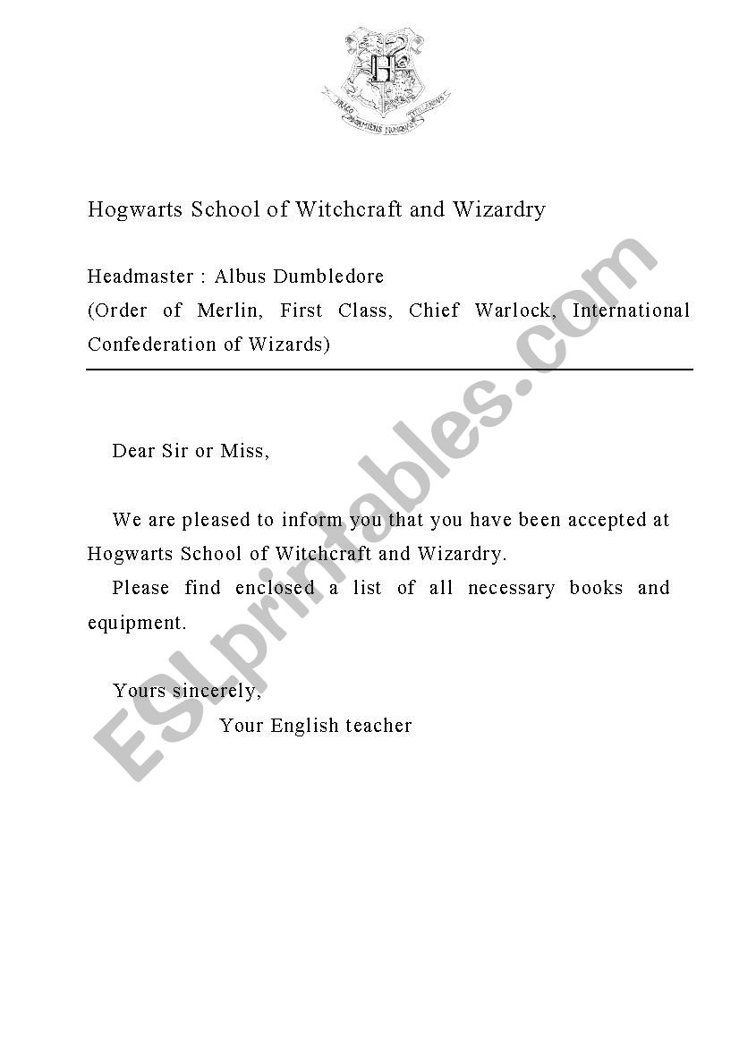 Hogwarts acceptance letter worksheet