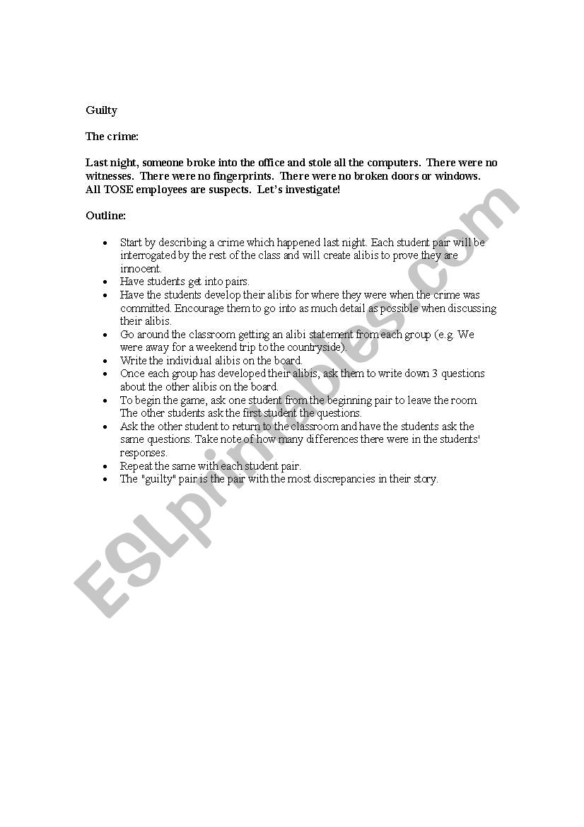 Guilty game worksheet