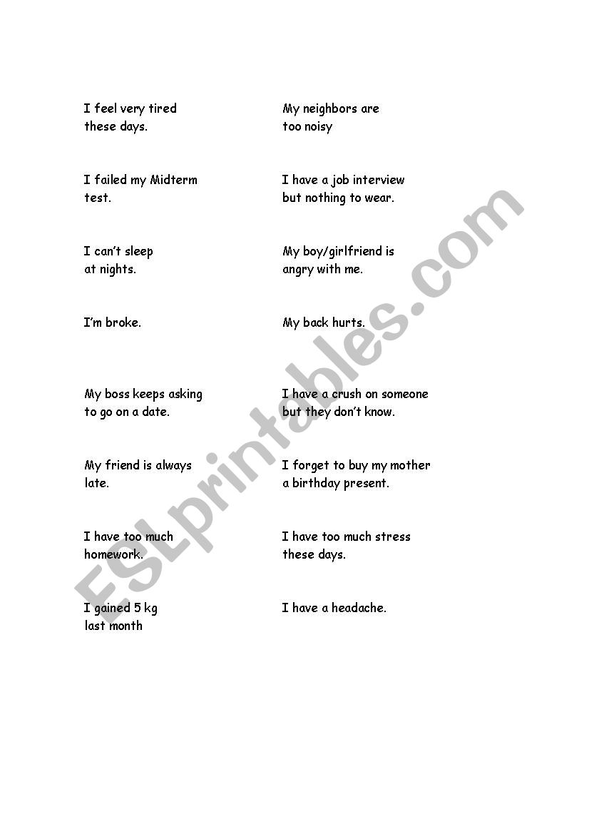 Oral activity- problem cards worksheet