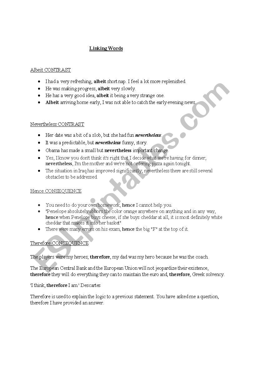 Linking words for essays worksheet