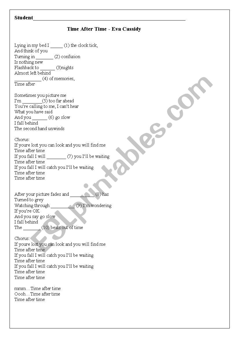Song: Time after time  worksheet