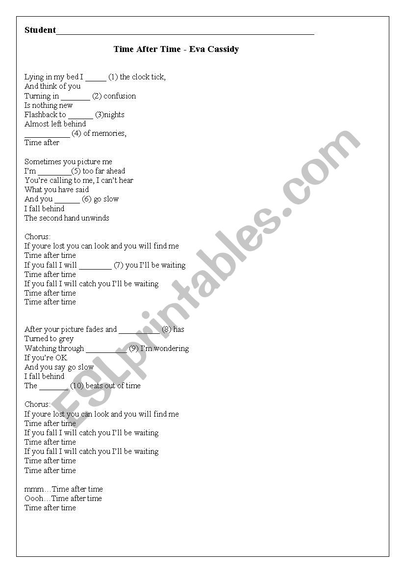 Song: Time after time  worksheet