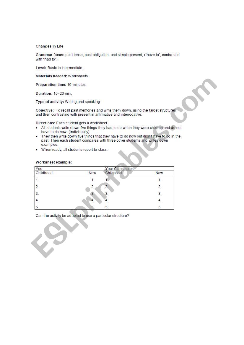 Changes in Life worksheet