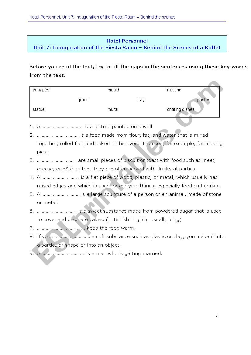 Hotel personnel U7 worksheet