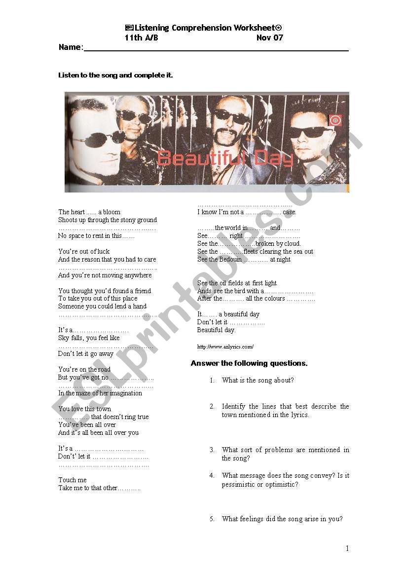 Its a beautiful day -U2 worksheet