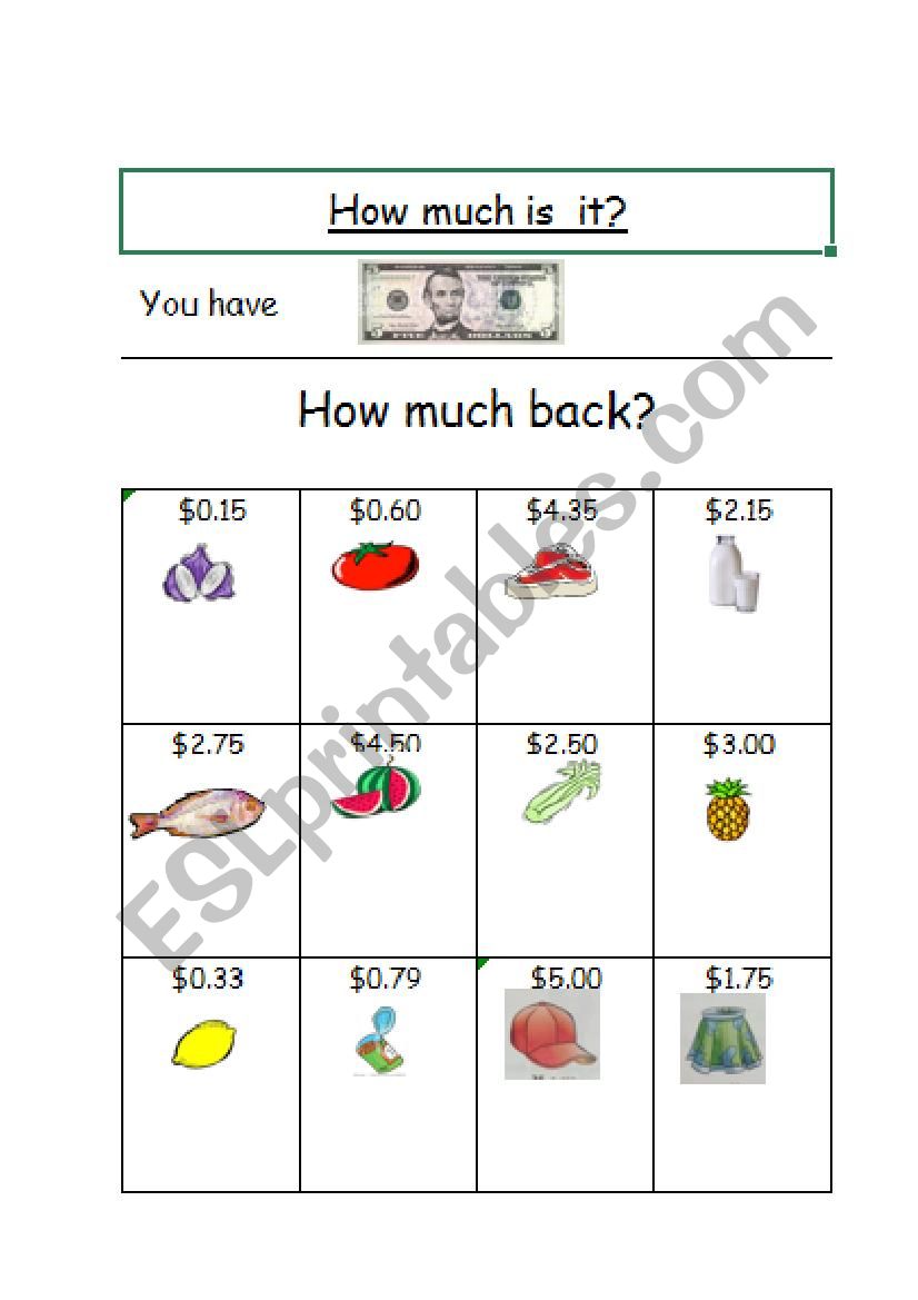How much back? Making change worksheet