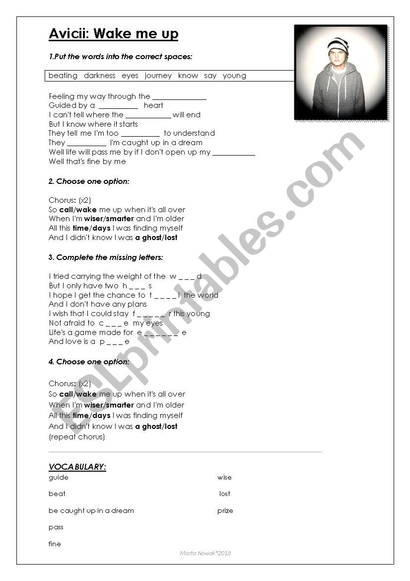 avicii - wake me up song worksheet