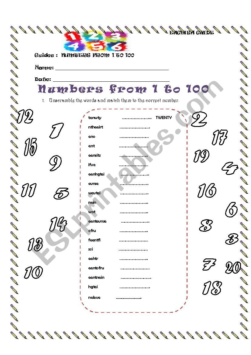 Numbers from 1 to 100 worksheet