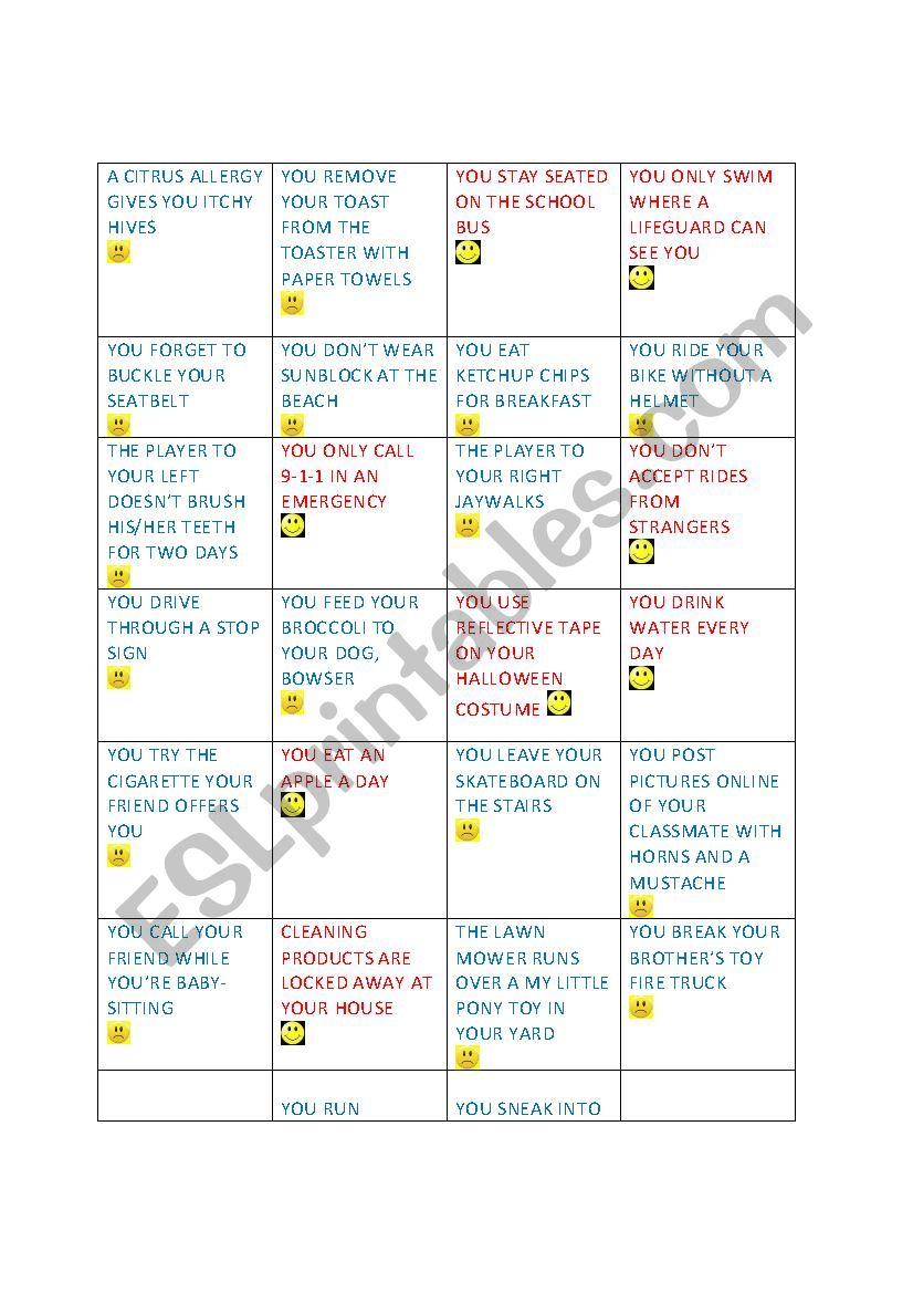 Health Game Personal Safety worksheet