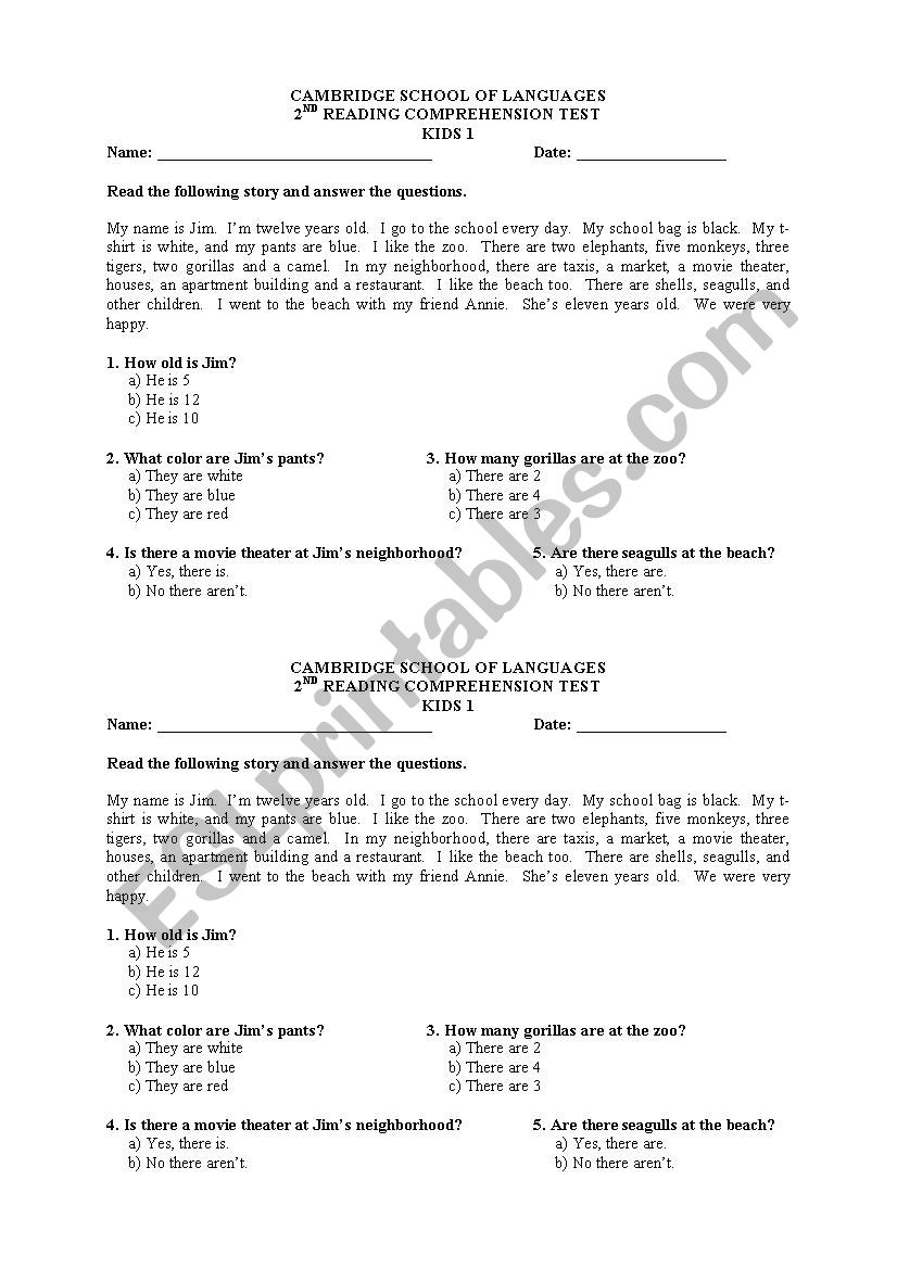 Reading comprehension worksheet