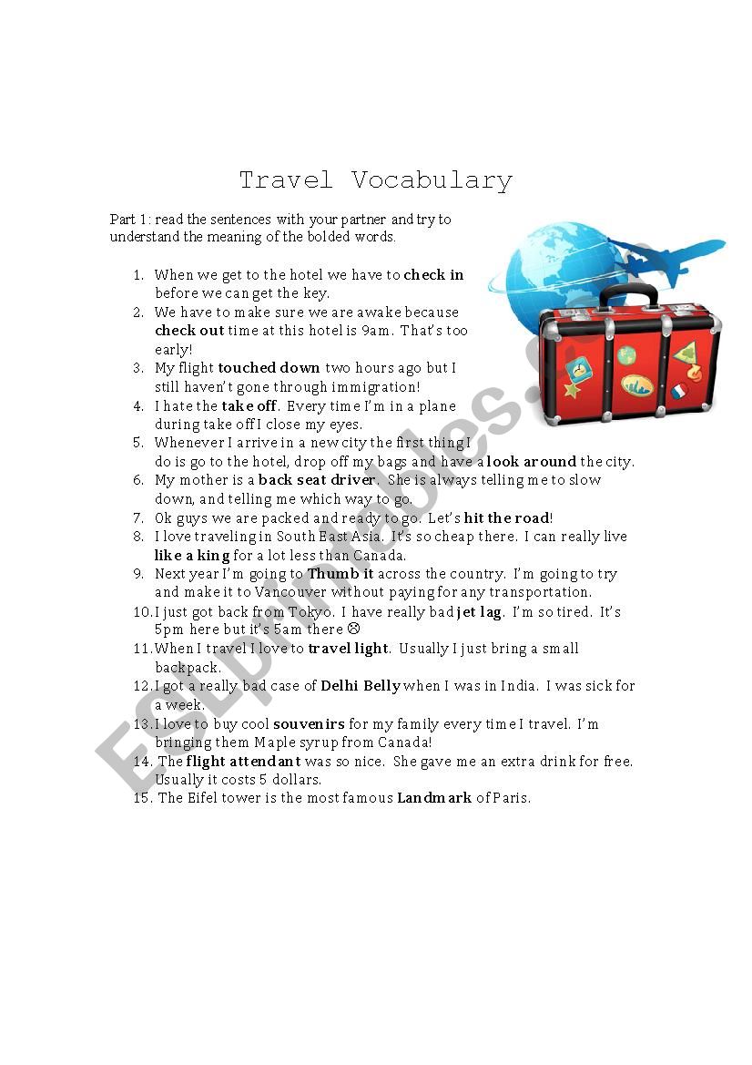 Travel related Vocabulary, idioms, phrasal verbs and slang