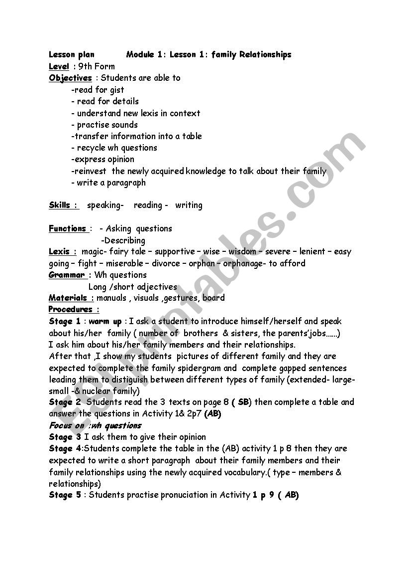 Module 1 Lesson 1 Family Relationships Lesson Plan Esl Worksheet By Eyyaa
