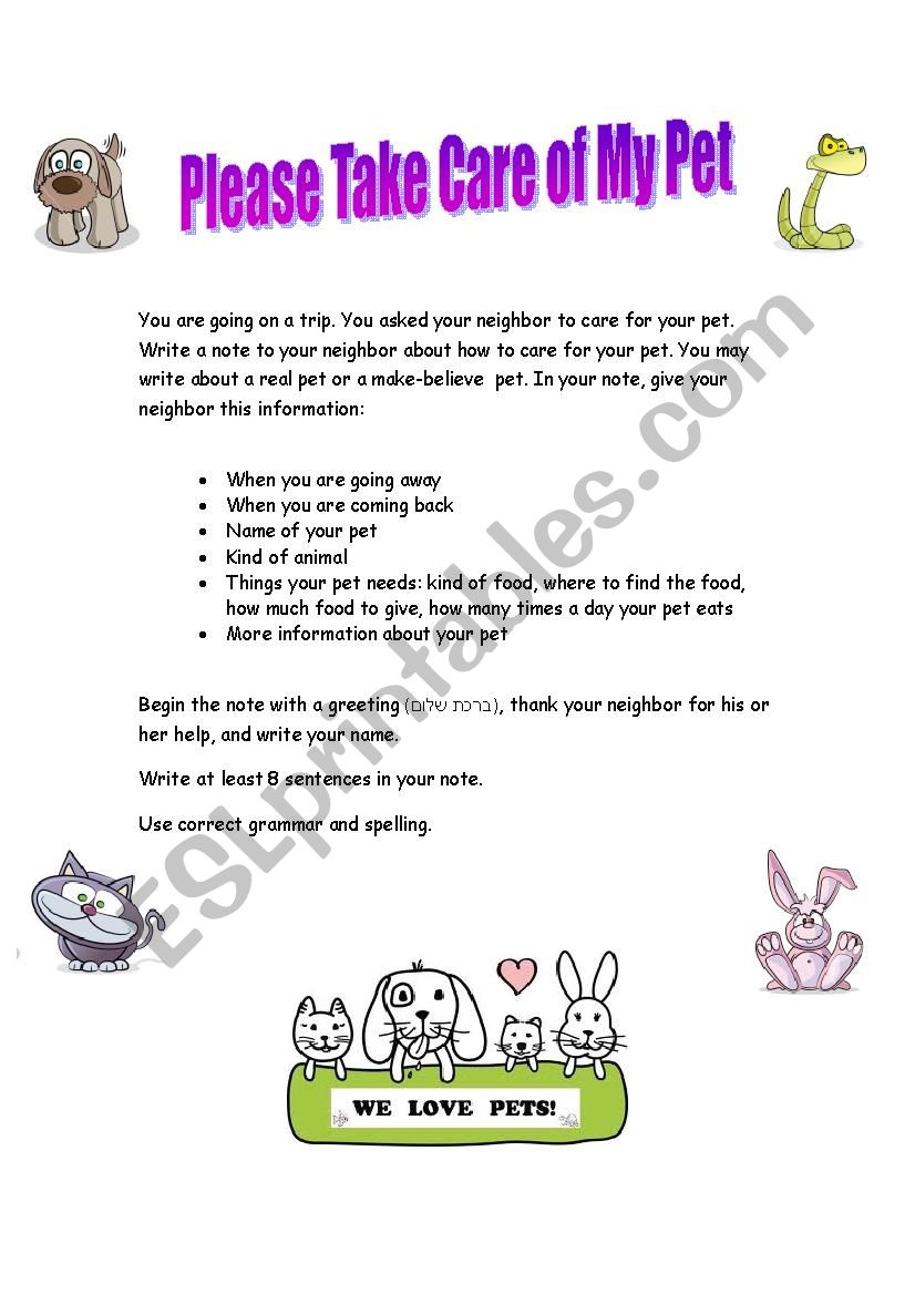 Please Take Care of My Pet Writing Task - ESL worksheet by michalmelamud
