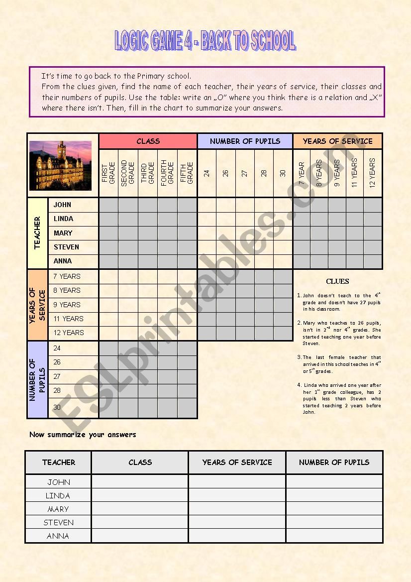 Logic Game 4 - Back to school worksheet