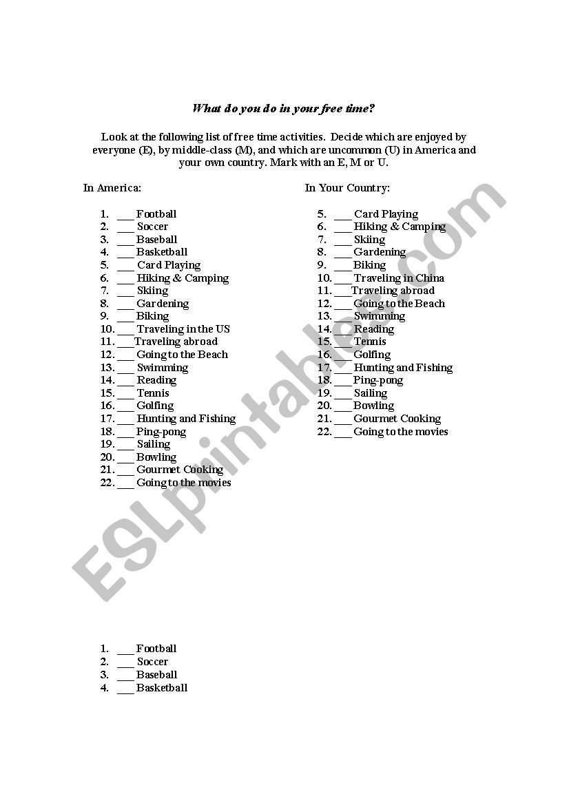 Common Hobbies  worksheet