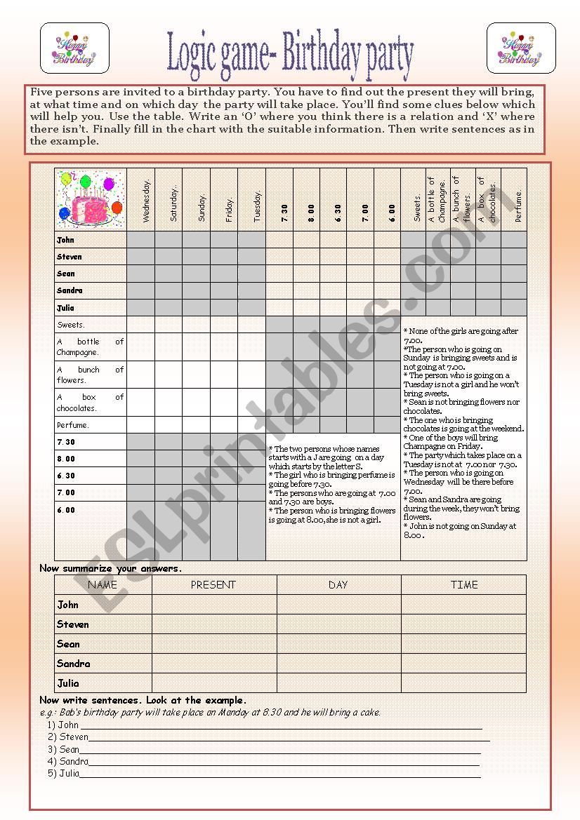 Logic Game: Birthday Party, 2 pages, key included.