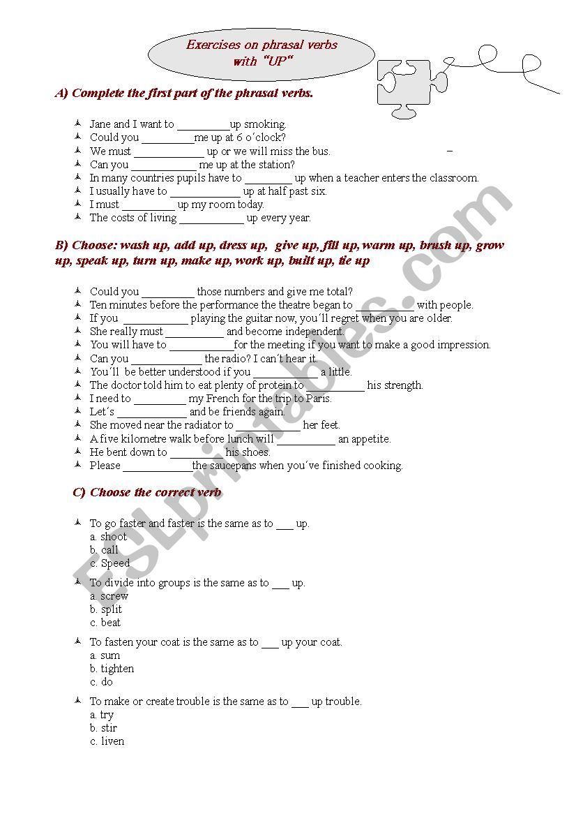 Phrasal verbs with UP worksheet