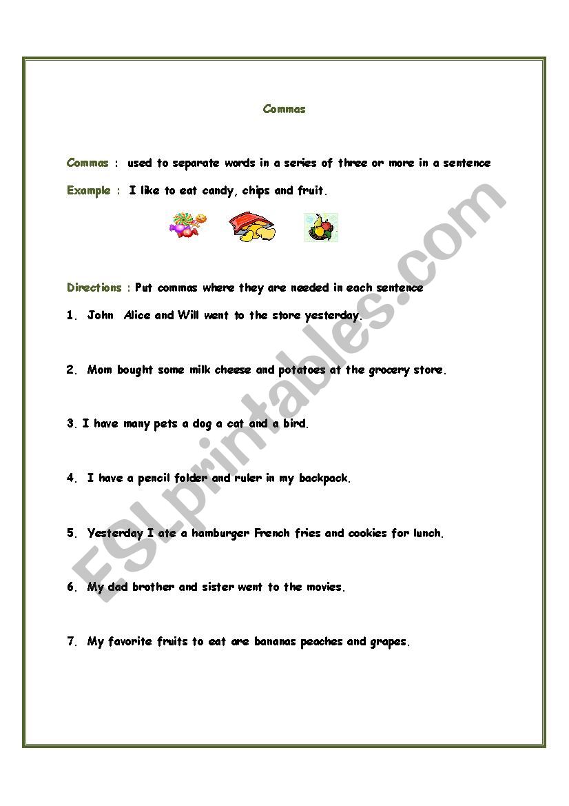 Commas worksheet