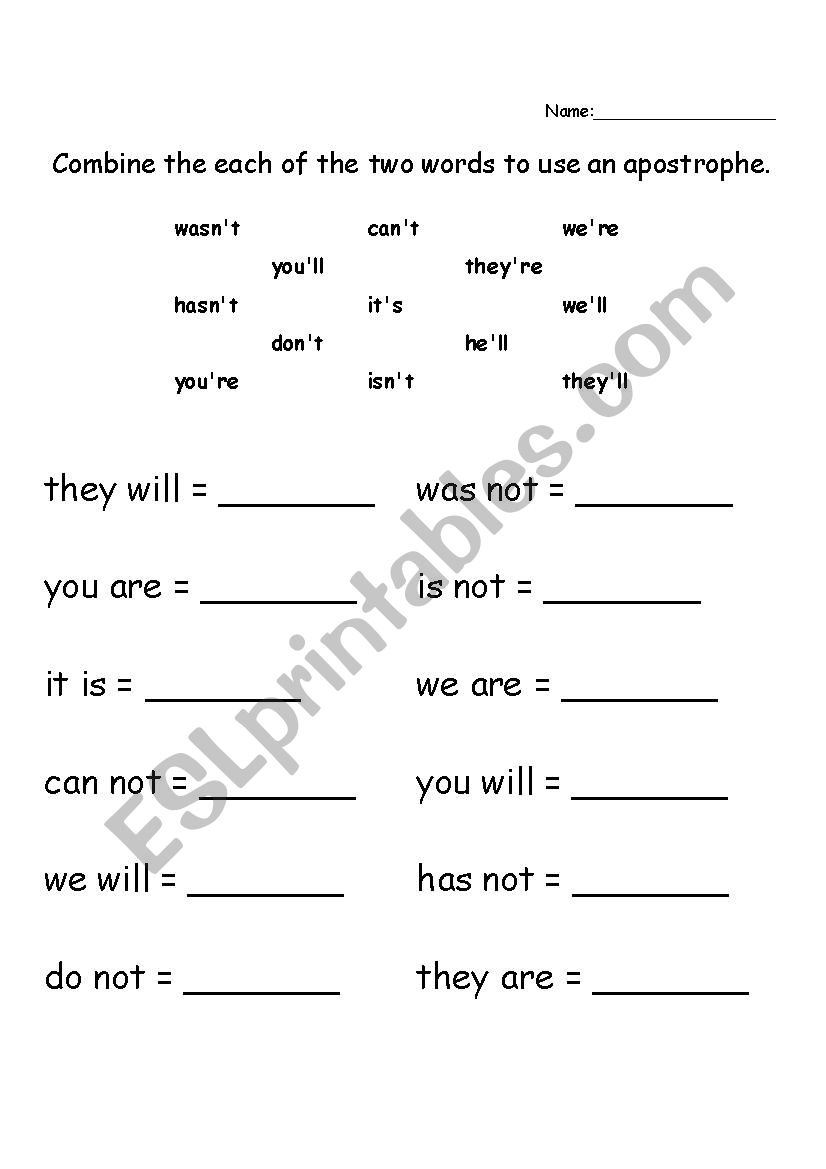 Contractions Worksheet worksheet