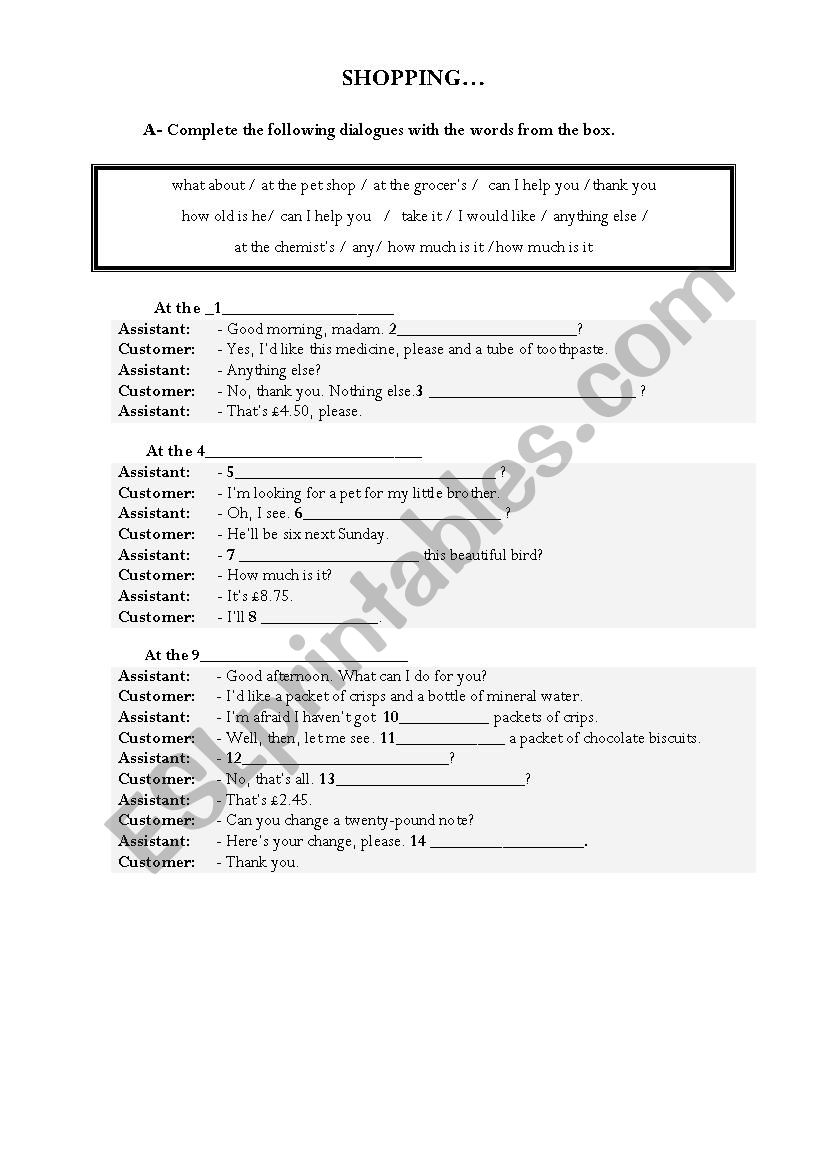 Shopping worksheet