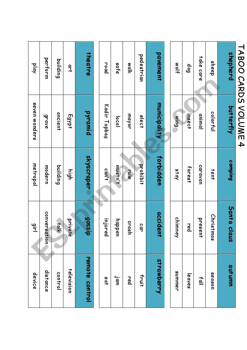 Taboo Cards Volume 4 worksheet