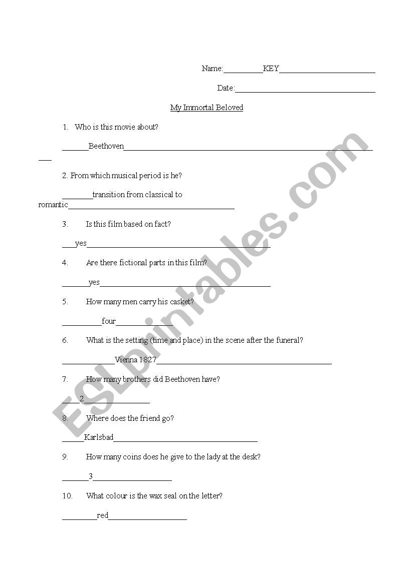 immortal beloved worksheet