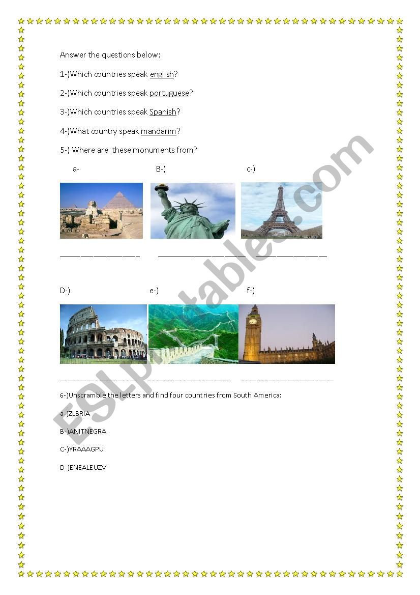 Around the World worksheet