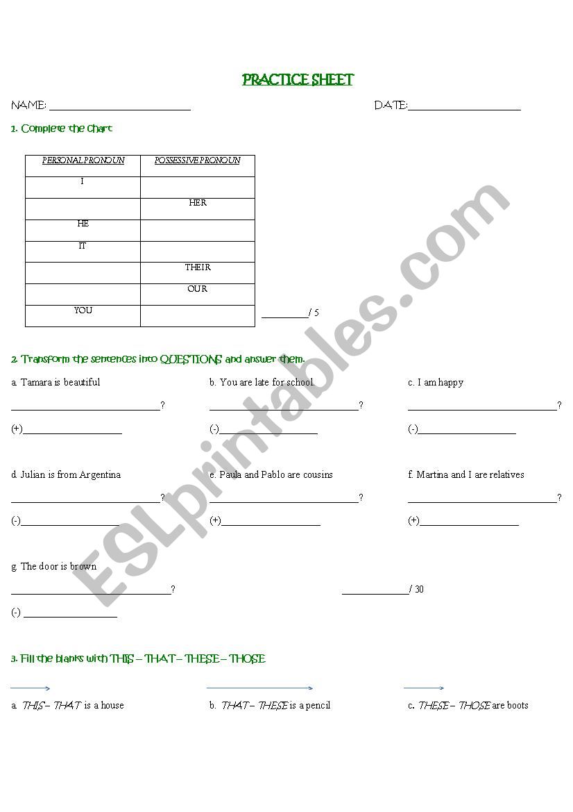 Practice possessives/be worksheet