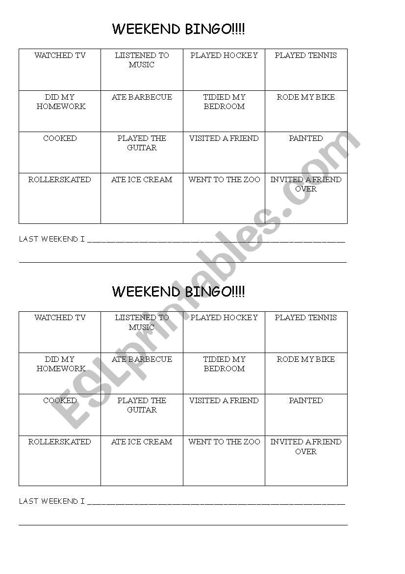 bingo on the weekend worksheet