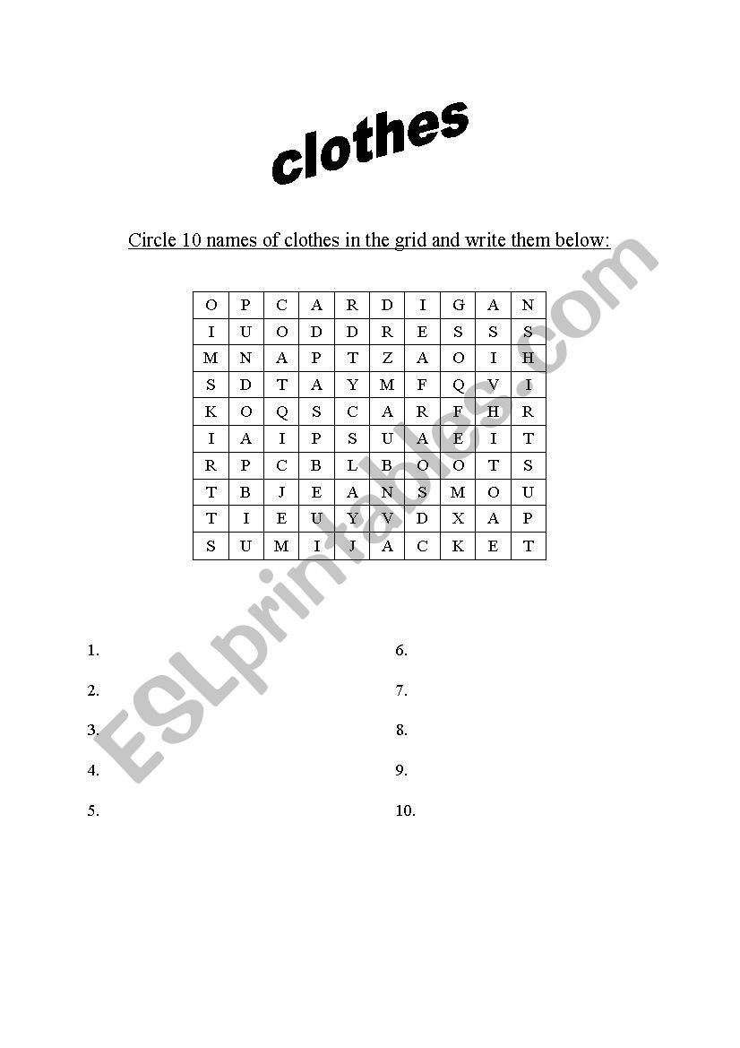 Clothes worksheet