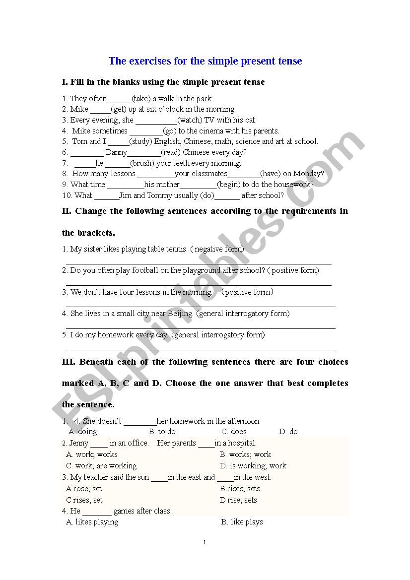 The exercise for the simple present tense