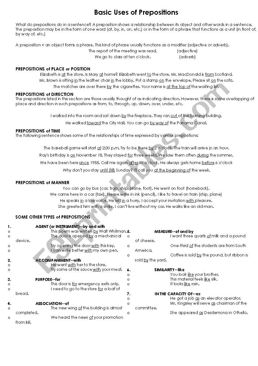 Basic uses of prepositions + Song