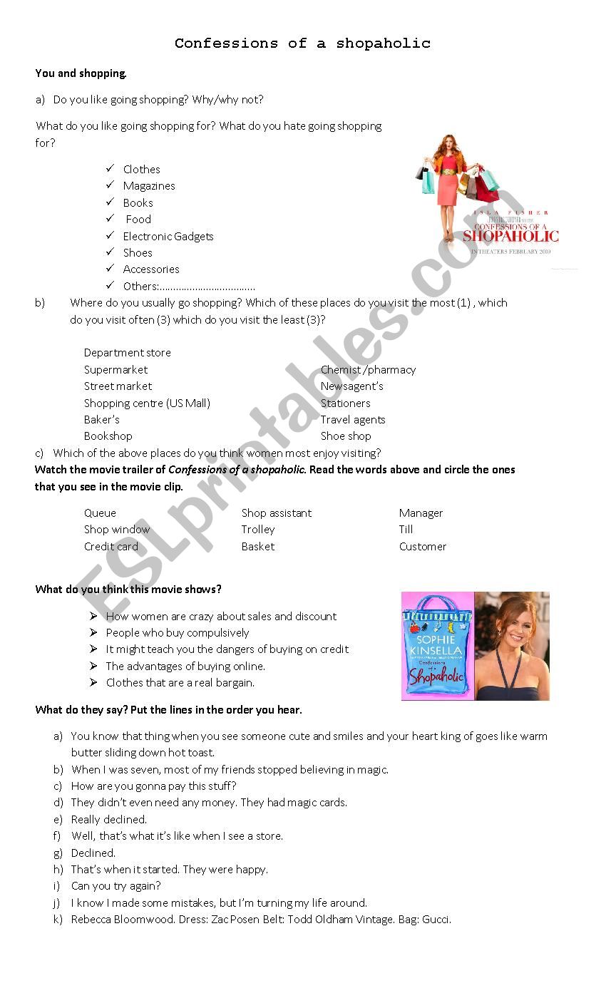 Confessions of a shopaholic worksheet