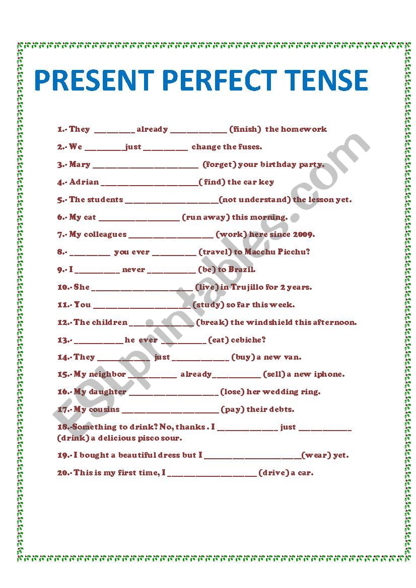 Present Perfect tense worksheet