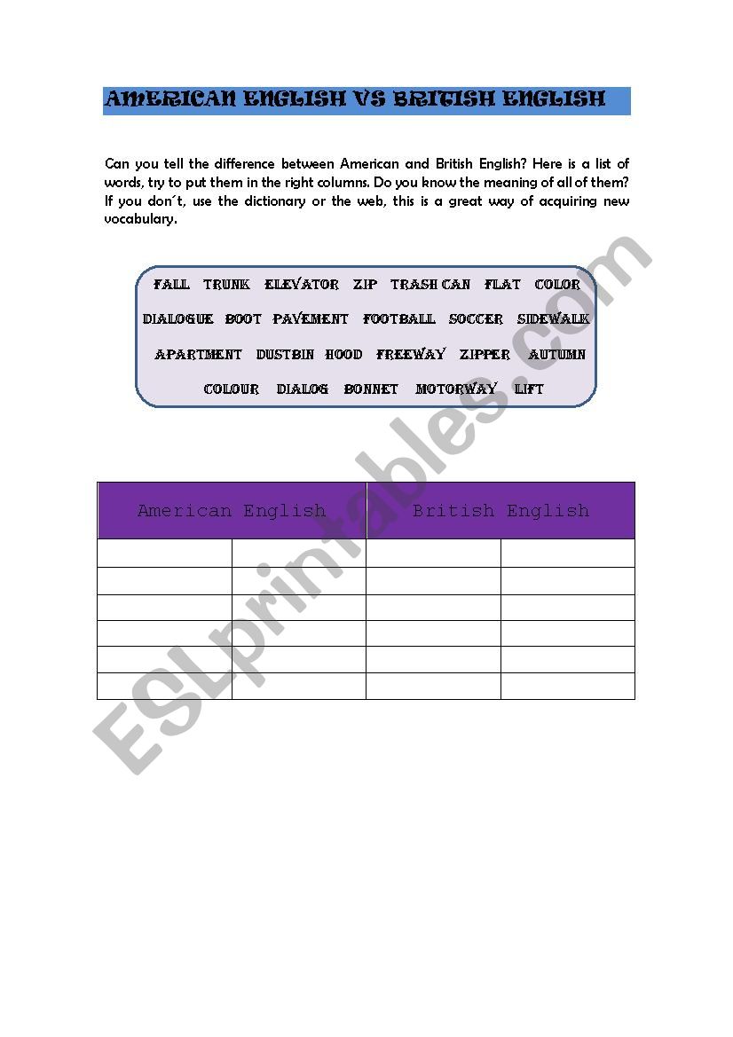 American vs British English worksheet