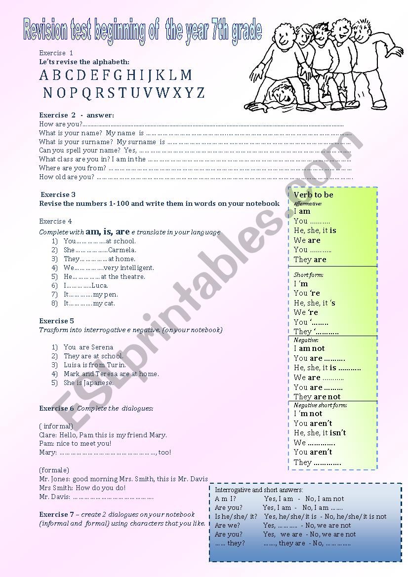 revision test -beginning of the year 7th grade