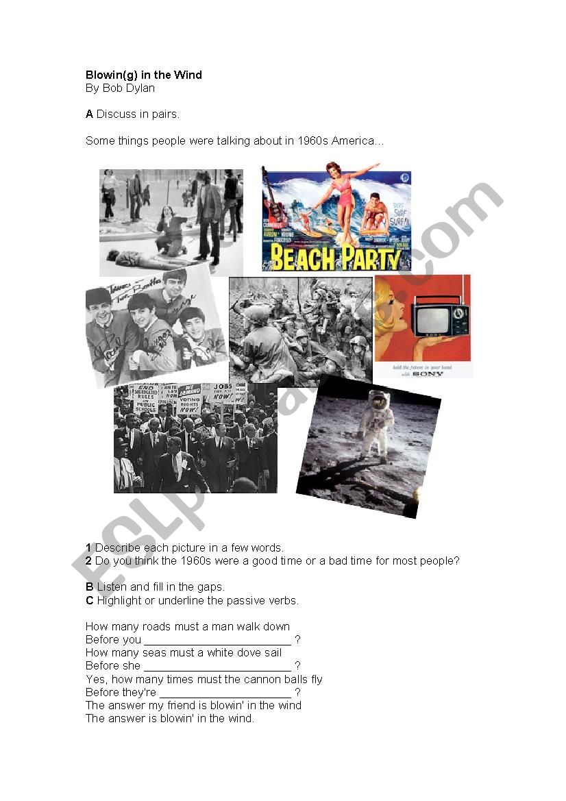 BlowinÂ´ in the Wind (song: listening, discussion, and focus on passive voice)