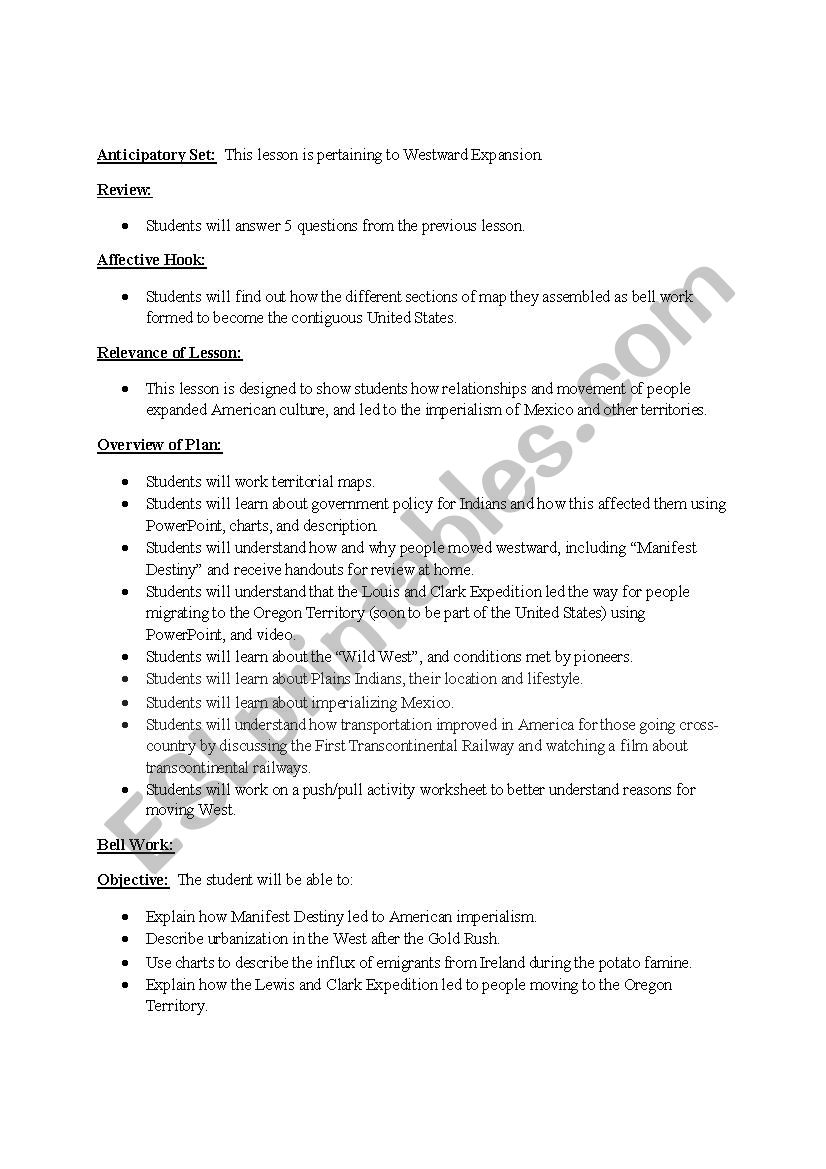 Westward Expansion  worksheet