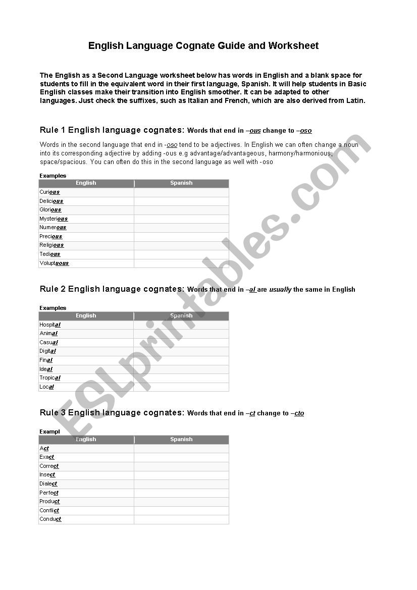 English Language Cognate Fill in the Blanks Worksheet