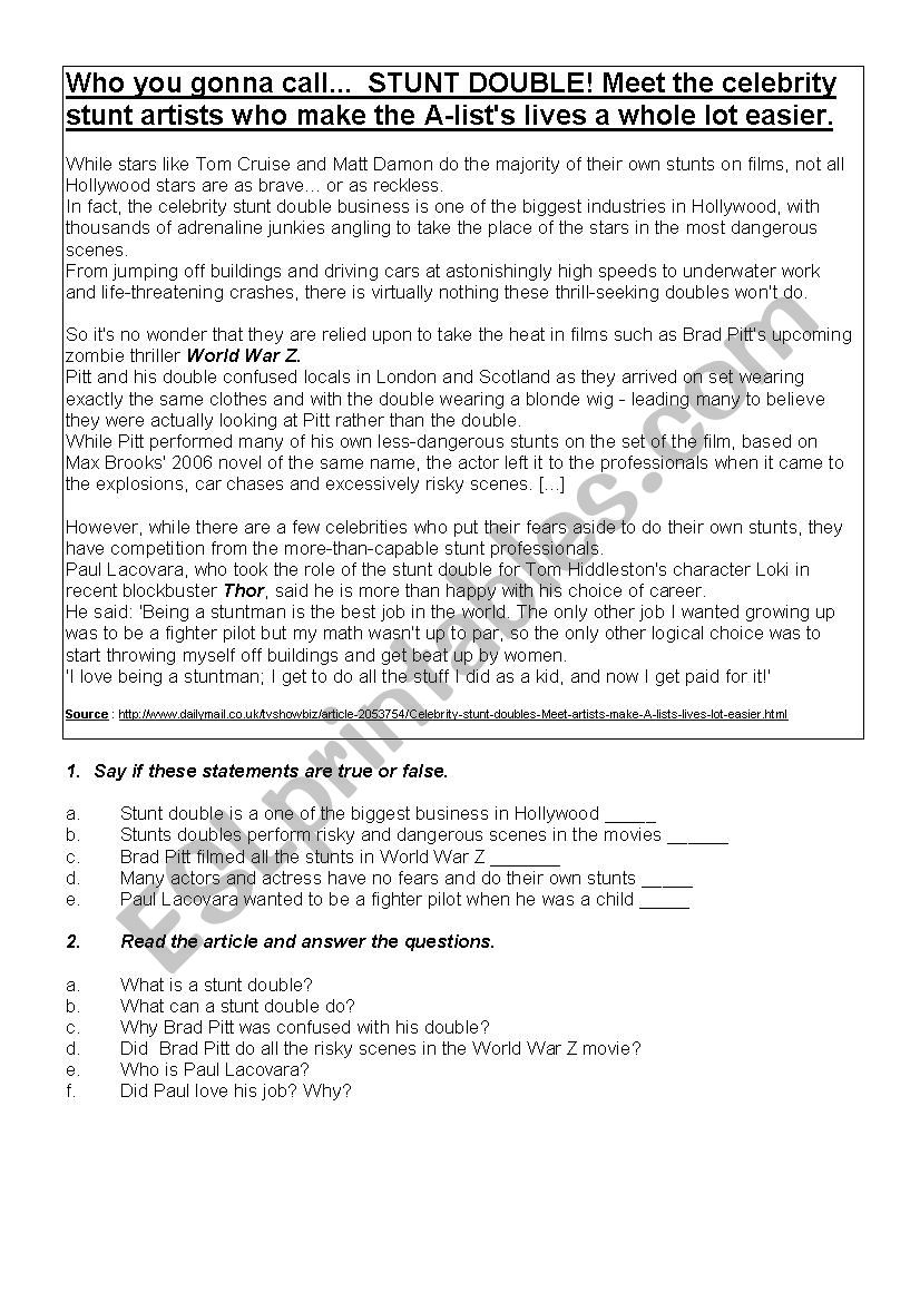 Stunts Doubles: Reading Comprehesion Activities 