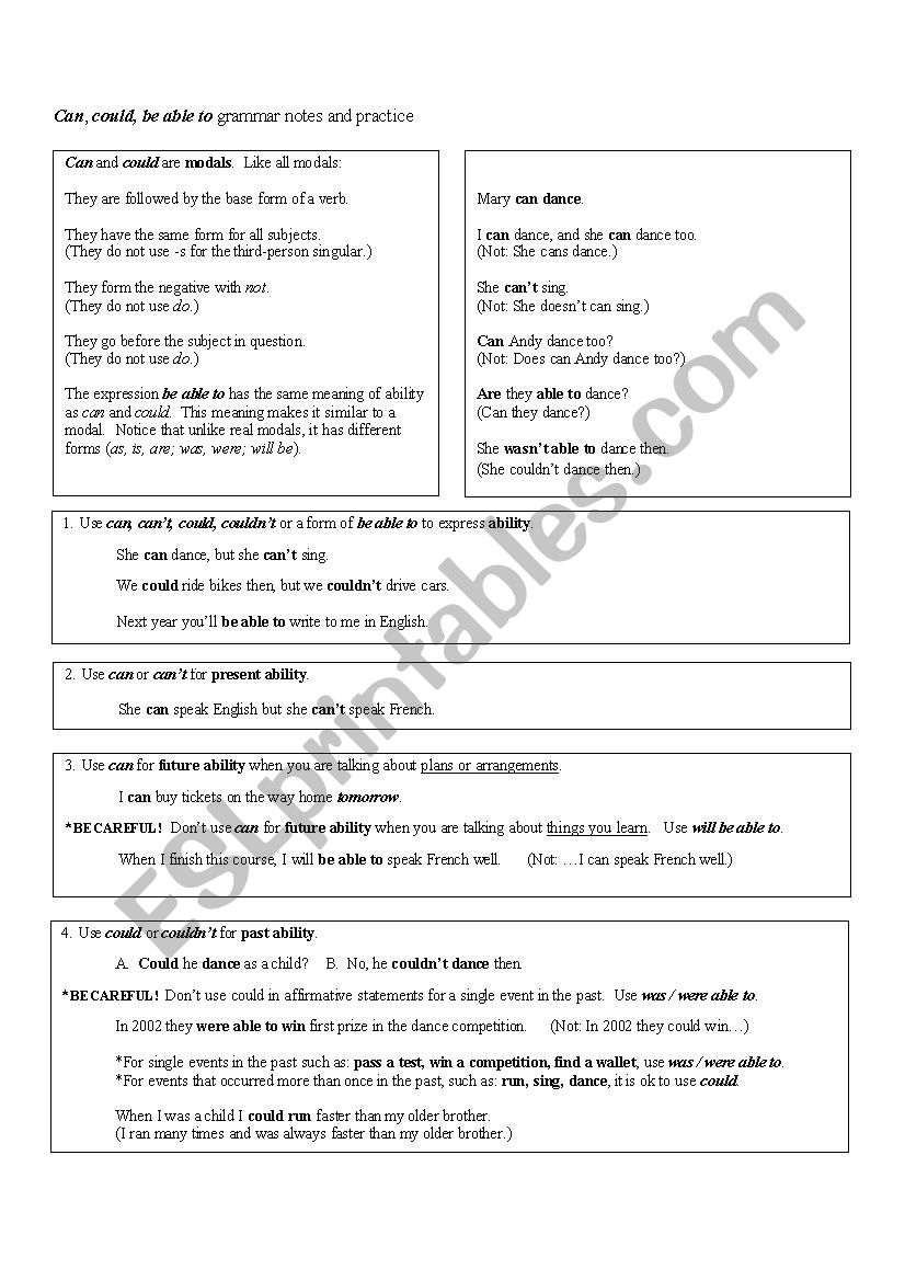 Can and could grammar notes and test