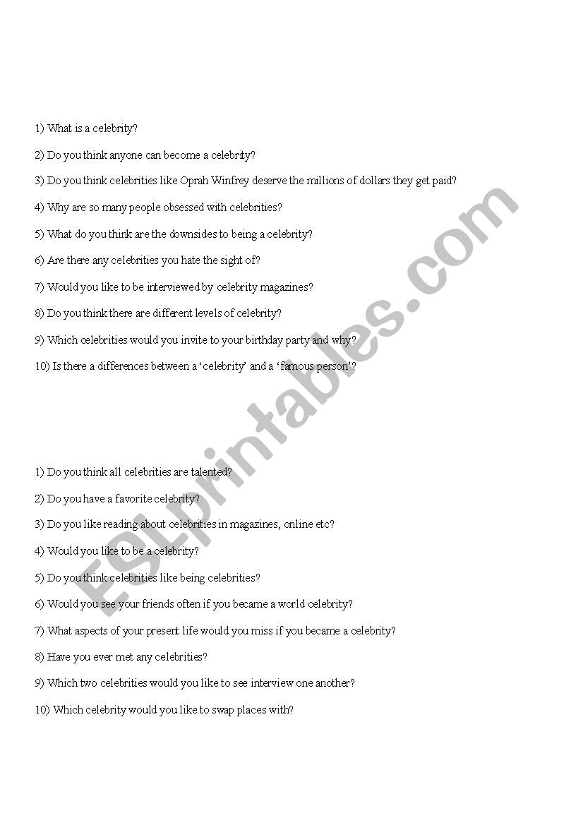 Celebrities questions worksheet