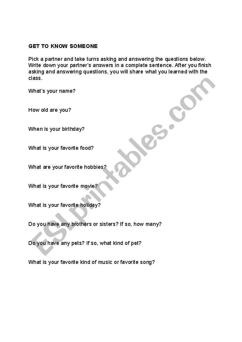 Get to Know Someone Activity Worksheet